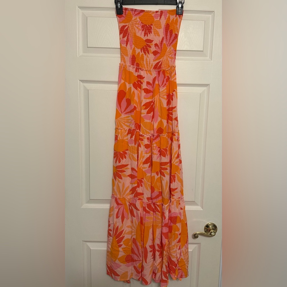 Orange and Pink Strapless Tiered Maxi Dress